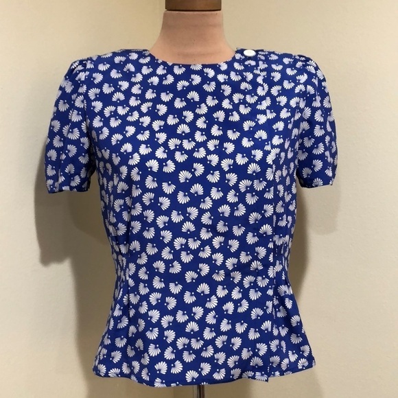 Vintage Blouse Size 6 Blue Fan Print Puff Sleeve - Picture 2 of 10